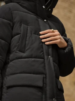 Next Black Shower Resistant Padded Hooded Longline Coat Outlet