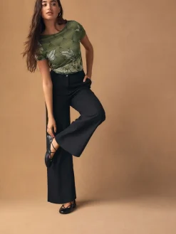 Next Smart Front Linen Blend Wide Leg Trousers Black Clearance