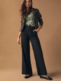 Next Smart Front Linen Blend Wide Leg Trousers Black Clearance