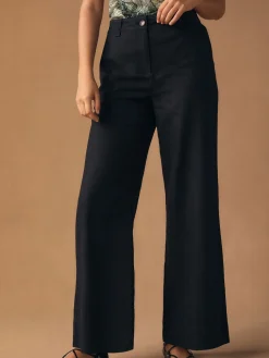 Next Smart Front Linen Blend Wide Leg Trousers Black Clearance