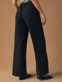 Next Smart Front Linen Blend Wide Leg Trousers Black Clearance