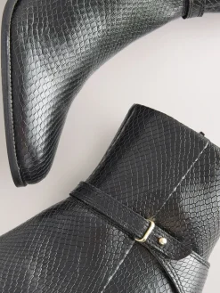 Next Forever Comfort® Hardware Trim Ankle Boots Black Snake Textured Leather New