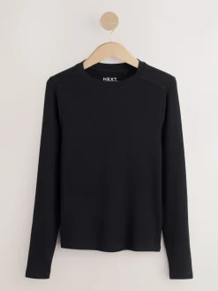 Next Black Soft Touch Lightweight Ribbed Long Sleeve T-Shirt with TENCEL™ Lyocell Hot