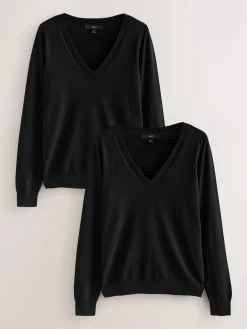 Next Black Soft Touch V-Neck Cotton Rich Jumpers 2 Pack New