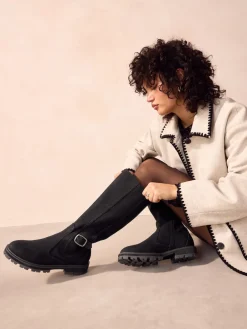 Next Standard/Wide Fit Knee High Buckle Chelsea Boots Black Sale