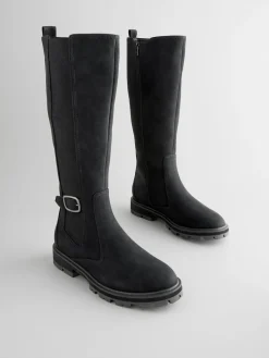Next Standard/Wide Fit Knee High Buckle Chelsea Boots Black Sale