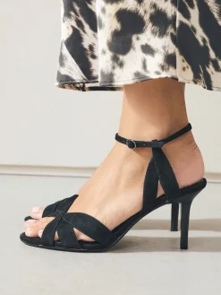 Next Forever Comfort® Leather Lattice Front Heeled Sandals Black Suede New