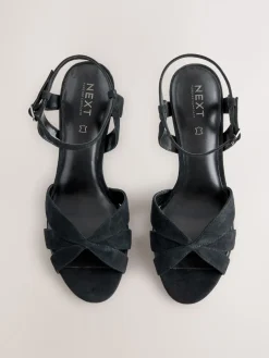 Next Forever Comfort® Leather Lattice Front Heeled Sandals Black Suede New