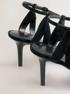 Next Forever Comfort® Leather Lattice Front Heeled Sandals Black Suede New