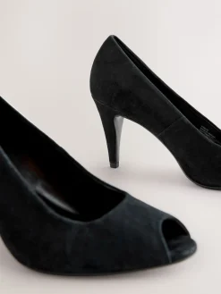 Next Premium Leather Peep Toe Heels Black Suede