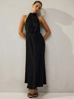 Next Black Textured Satin Halter Sleeveless Midi Dress New