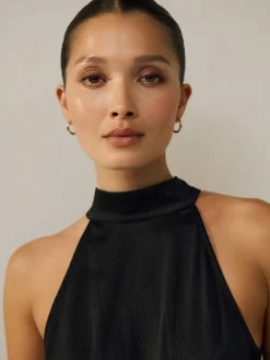 Next Black Textured Satin Halter Sleeveless Midi Dress New