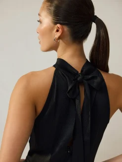 Next Black Textured Satin Halter Sleeveless Midi Dress New