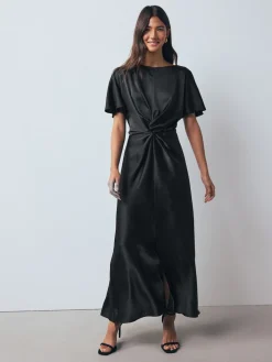 Next Textured Satin Short Sleeve Twist Front Midi Dress Black Discount