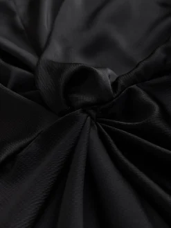 Next Textured Satin Short Sleeve Twist Front Midi Dress Black Discount