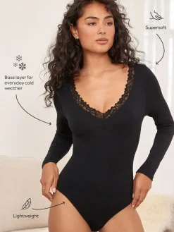 Next Thermal Base Layer Lace Trim Bodysuit Black Discount