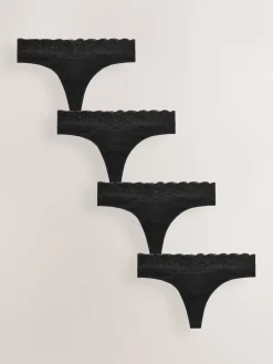 Next Black Thong Cotton Lace Knickers 4 Pack New