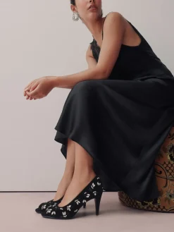 Next Black Velvet Forever Comfort Velvet Embellished Peep Toe Heels Hot