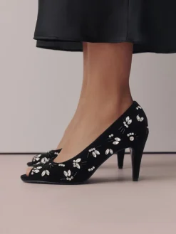 Next Black Velvet Forever Comfort Velvet Embellished Peep Toe Heels Hot