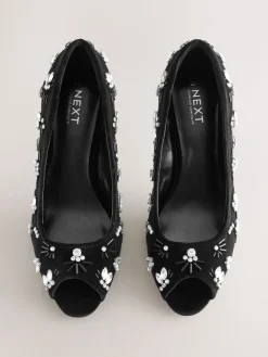 Next Black Velvet Forever Comfort Velvet Embellished Peep Toe Heels Hot