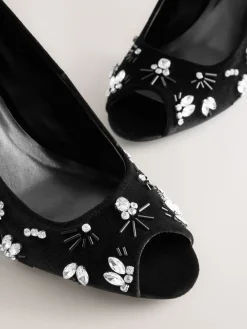 Next Black Velvet Forever Comfort Velvet Embellished Peep Toe Heels Hot