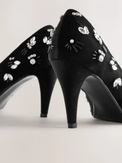 Next Black Velvet Forever Comfort Velvet Embellished Peep Toe Heels Hot