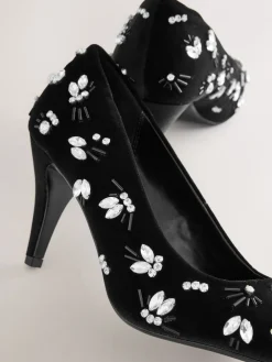 Next Black Velvet Forever Comfort Velvet Embellished Peep Toe Heels Hot