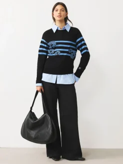 Next Black/Blue Floral Stripe Soft Touch Crew Neck Cotton Rich Jumper Best