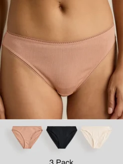 Next High Rise High Leg Cotton Rib Knickers 3 Pack Black/Caramel Nude/Praline Nude Discount