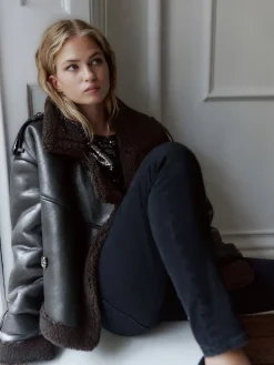 Next Black/Chocolate Brown Faux Shearling Cropped Aviator Jacket