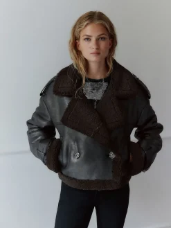 Next Black/Chocolate Brown Faux Shearling Cropped Aviator Jacket