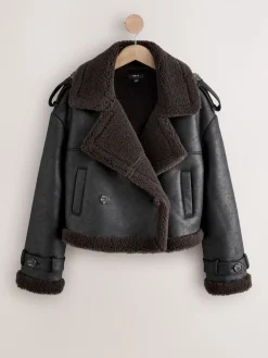Next Black/Chocolate Brown Faux Shearling Cropped Aviator Jacket