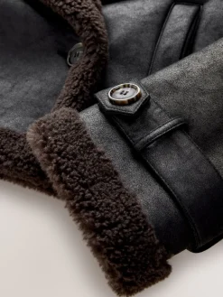 Next Black/Chocolate Brown Faux Shearling Cropped Aviator Jacket