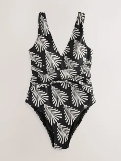 Next Plunge Tummy Control Swimsuit Black/Cream Fan Print