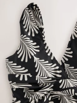 Next Plunge Tummy Control Swimsuit Black/Cream Fan Print