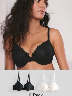 Next Black/Cream Pad Plunge Embroidered Bras 2 Pack Outlet