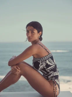 Next Black/Cream Palm Bandeau Ruched Leg Tummy Control Shaping Swimsuit Outlet