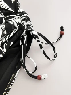 Next Black/Cream Palm Bandeau Ruched Leg Tummy Control Shaping Swimsuit Outlet