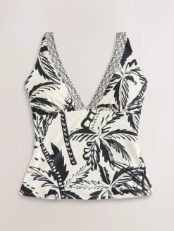 Next Plunge Tummy Control Tankini Top Black/Cream Palm Hot