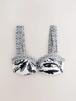 Next Black/Cream Palm Wired Bandeau Bikini Top New