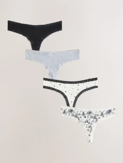 Next Black/Cream Thong Cotton Lace Knickers 4 Pack Online