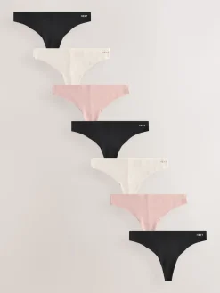 Next Black/Cream/Pink Thong Cotton Blend No VPL Knickers 7 Pack New