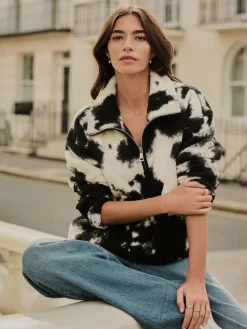 Next Black/Ecru Cow Print Soft Touch Cosy Teddy Borg Quarter Zip Fleece