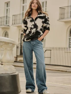 Next Black/Ecru Cow Print Soft Touch Cosy Teddy Borg Quarter Zip Fleece