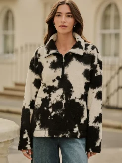 Next Black/Ecru Cow Print Soft Touch Cosy Teddy Borg Quarter Zip Fleece