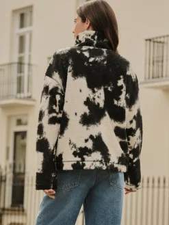 Next Black/Ecru Cow Print Soft Touch Cosy Teddy Borg Quarter Zip Fleece