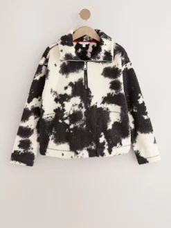 Next Black/Ecru Cow Print Soft Touch Cosy Teddy Borg Quarter Zip Fleece