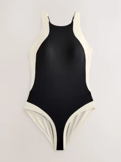 Next High Neck Halterneck Tummy Control Swimsuit Black/Ecru Clearance