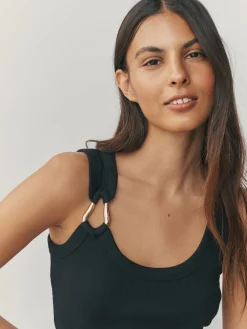 Next Trim Hardware Detail Racer Ribbed Vest Top Black/Gold Sale