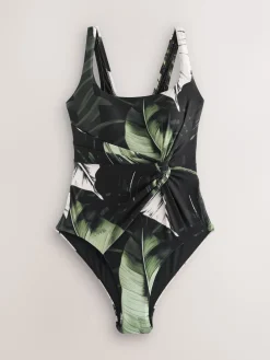 Next Twist Scoop Tummy Control Swimsuit Black/Green Leaf Clearance